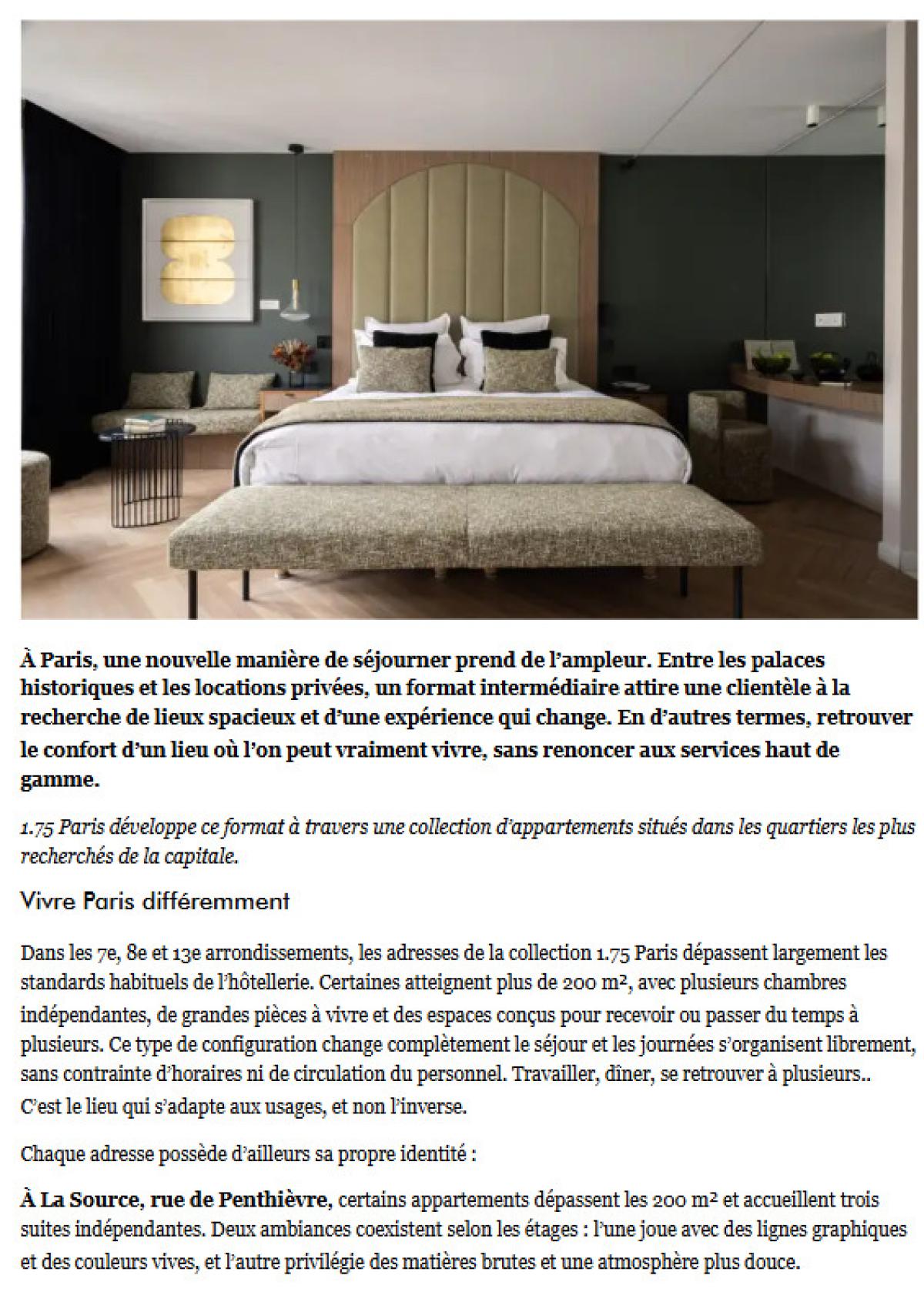 1.75 Paris – Séjournez dans appartements et hôtels élégants - Elle Afrique Francophone met à l'honneur 1.75 Paris : redéfinir le séjour de luxe dans la capitale